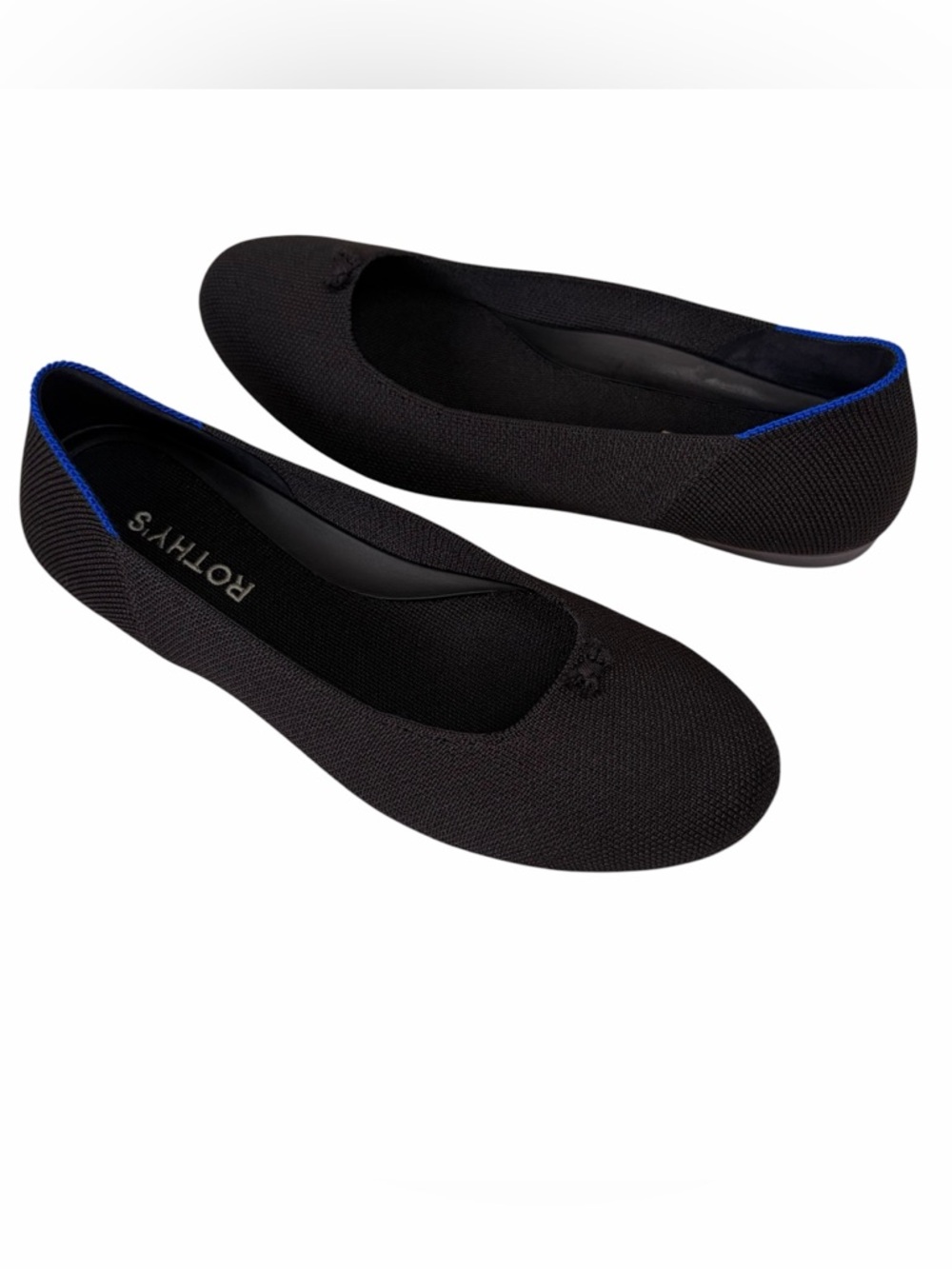 Rothy's The Flat Round Toe Sewn Bow Black Blue Ballet Shoes size 7.5
